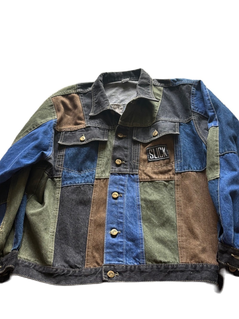 Vintage Slick Patchwork Denim Bomber Jacket Small 90s 100% Cotton